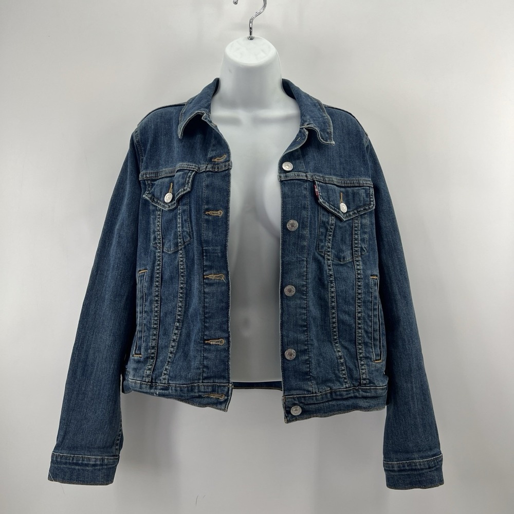 Levi's Trucker Jean Jacket Women L Blue Hand Painted Boho Graphic Celtic Cross - Picture 3 of 15